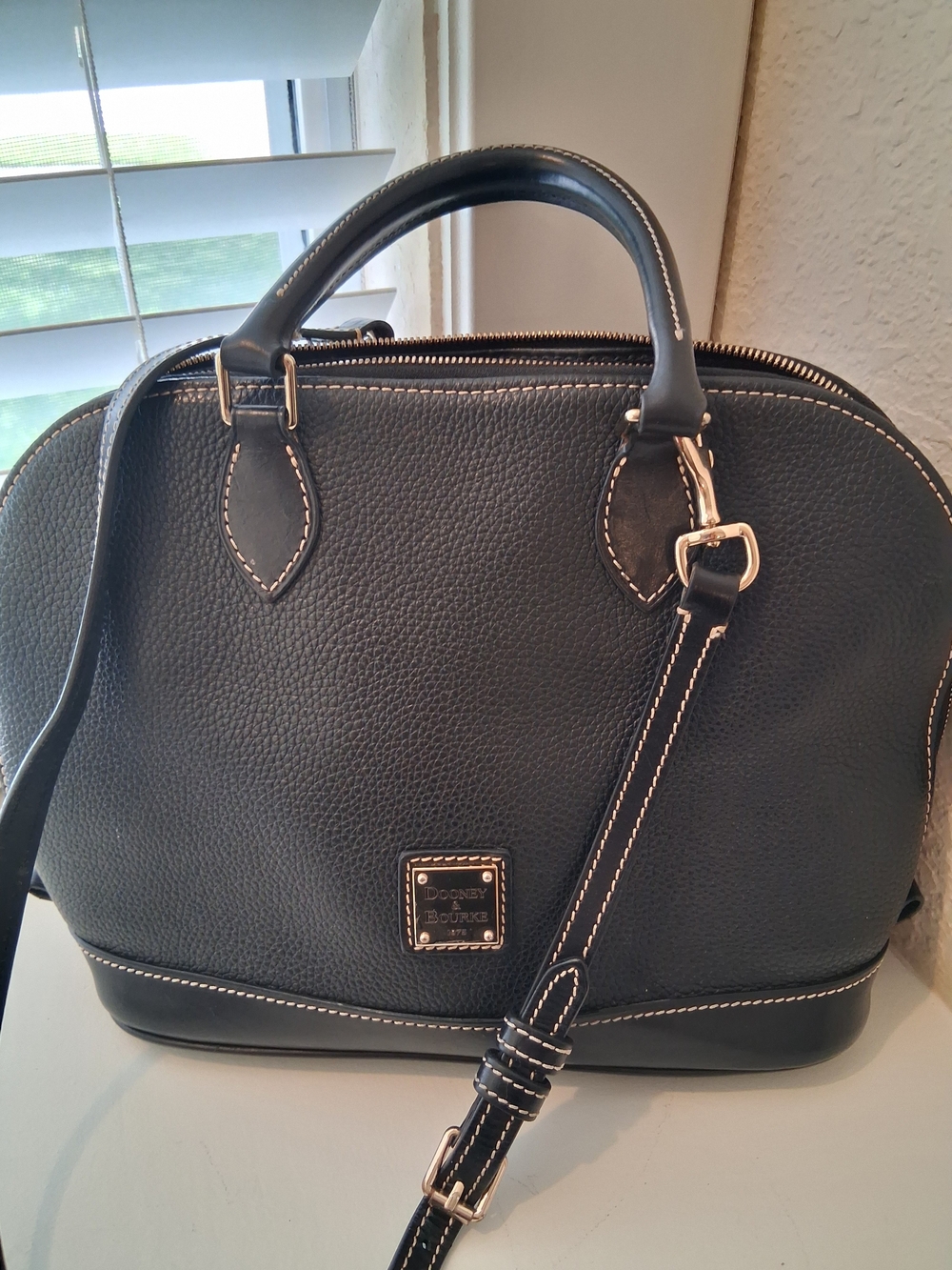 Dooney & Bourke Black Pebble Leather Satchel with Contrast Stitching